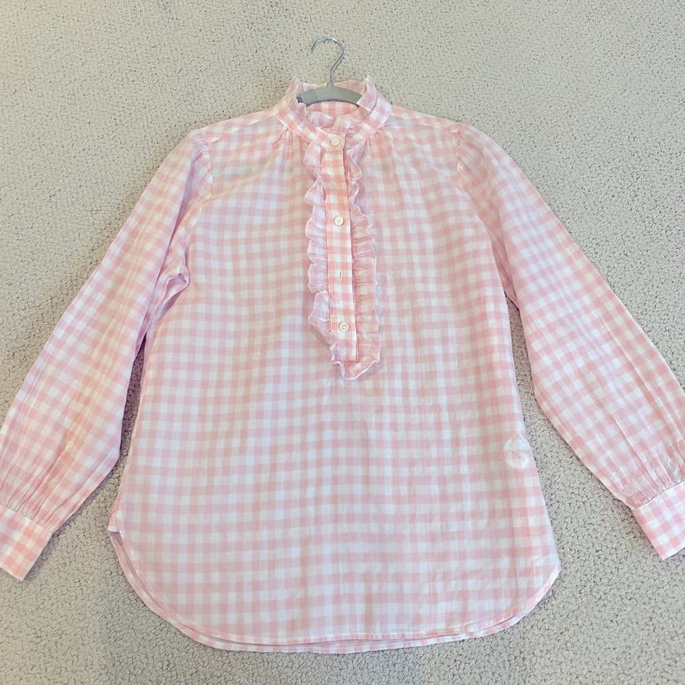 J. Crew Women’s 4 Classic Fit Ruffle Popover Crinkle Gingham Pink Shirt